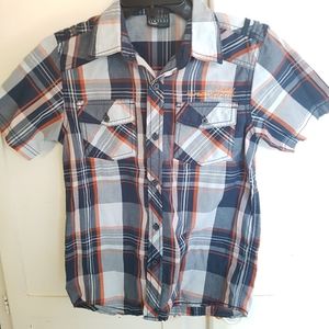 Boys Blue Plaid Button Up Shirt - medium